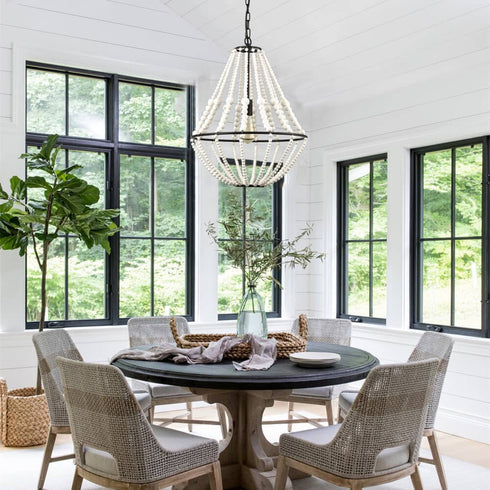 Rustic Wood Beaded Chandelier Distressed Off-White Finish